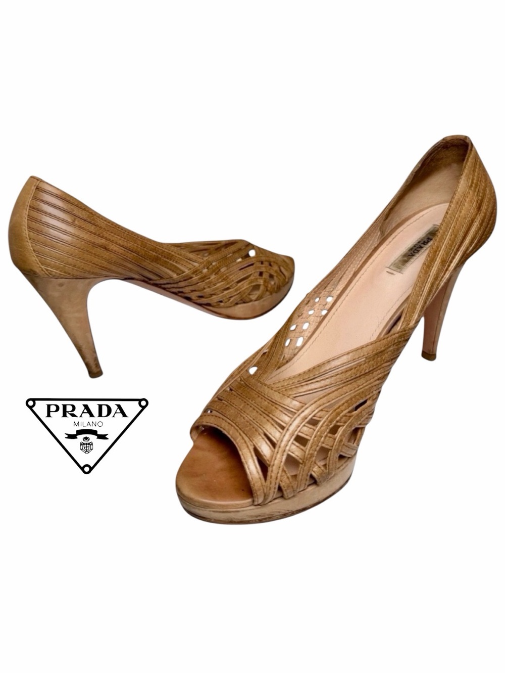 Authentic Prada Woven Leather Peep Toe Pumps Heels 40.5 US 10.5 Italy